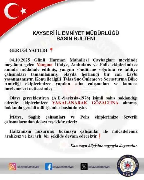 Talas Çaybağları'nda Yangın Alarmı: Şüpheli Yakalandı — haber görseli
