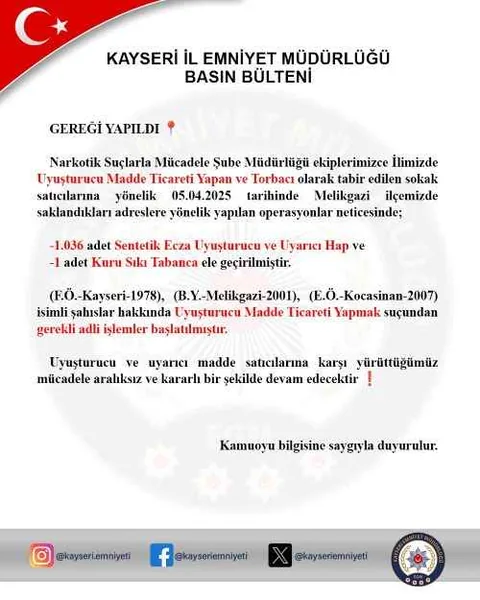 Kayseri’de Uyuşturucu Operasyonu! Binlerce Uyuşturucu Hap Ele Geçirildi, 3 Gözaltı — haber görseli