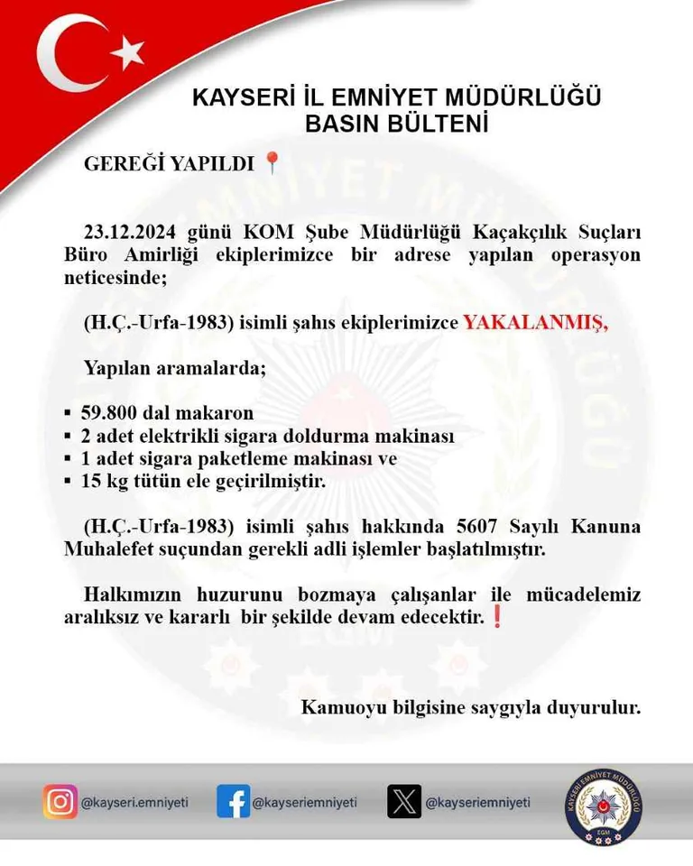 Kaçak Sigara Üretimine Büyük Darbe: Tütün ve Makinalar Ele Geçirildi — haber görseli