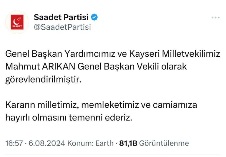 Milletvekili Arıkan, Saadet Partisi Genel Başkan Vekili olarak görevlendirildi — haber görseli