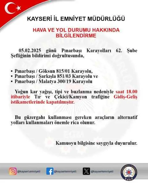 Pınarbaşı'da Yoğun Kar ve Buzlanma Nedeniyle 3 Karayolu Trafiğe Kapatıldı — haber görseli
