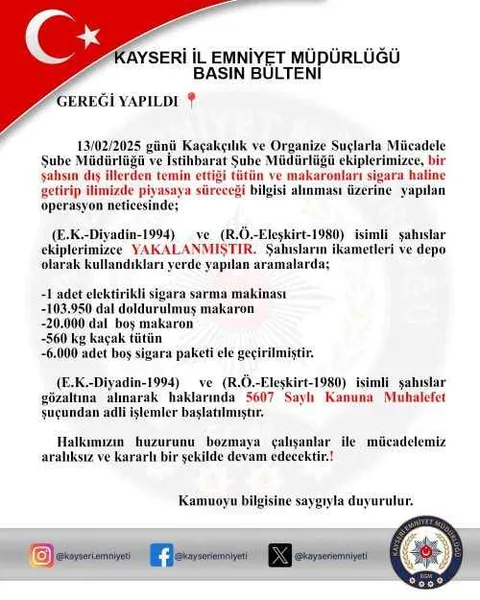 Kayseri’de Kaçak Tütün Operasyonu! 2 Gözaltı — haber görseli