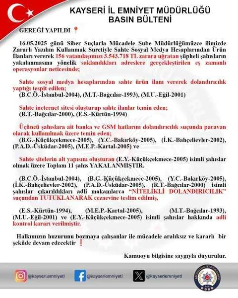 Sosyal Medyada Tuzağa Düşürdüler: 156 KİŞİ DOLANDIRILDI! KAYSERİ'DE 3.5 MİLYONLUK VURGUN — haber görseli