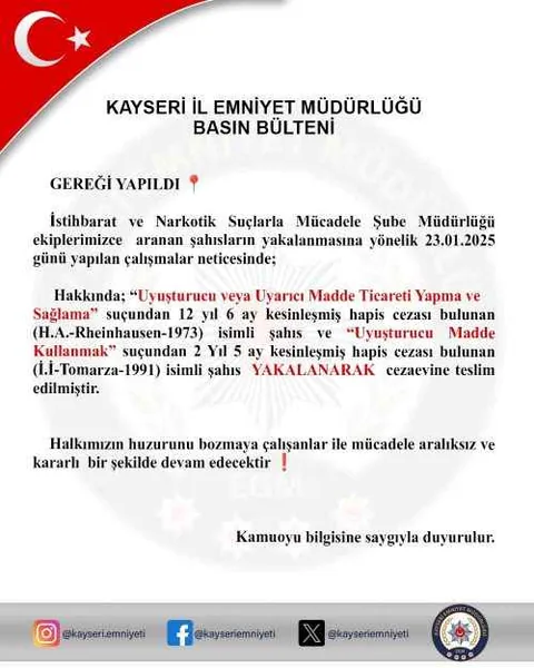Kayseri’de Uyuşturucu Suçlarından Aranan 2 Firari Yakalandı — haber görseli