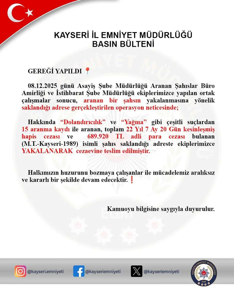 Kayseri'de Dolandırıcılık ve Yağma Suçlarından Aranan Şahıs Operasyonla Yakalandı — haber görseli