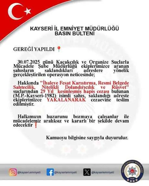  Rüşvet, Dolandırıcılık, Sahtecilik! Kayseri’de 29 Yıl Hapis Cezası Bulunan Şahıs Yakalandı — haber görseli