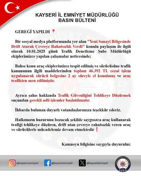 Kayseri’de Drift Şov Pahalıya Patladı: 46 Bin TL Ceza! — haber görseli