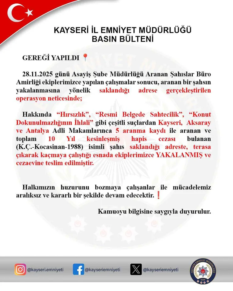 Kayseri'de Nefes Kesen Operasyon: 5 Suçtan Aranan Firari, Çatıda Enselendi! — haber görseli