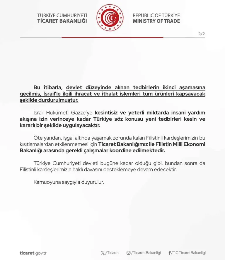 Türkiye, İsrail ile ticareti tamamen durdurdu — haber görseli