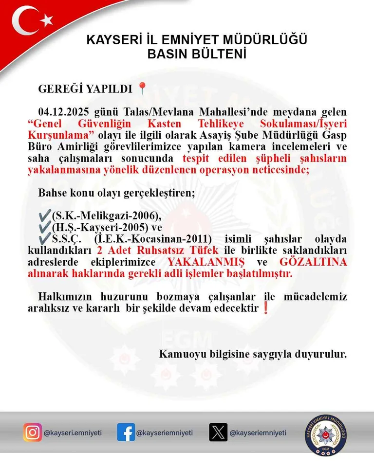 Talas Mevlana'da İş Yeri Kurşunlayan 3 Şüpheli Yakalandı — haber görseli