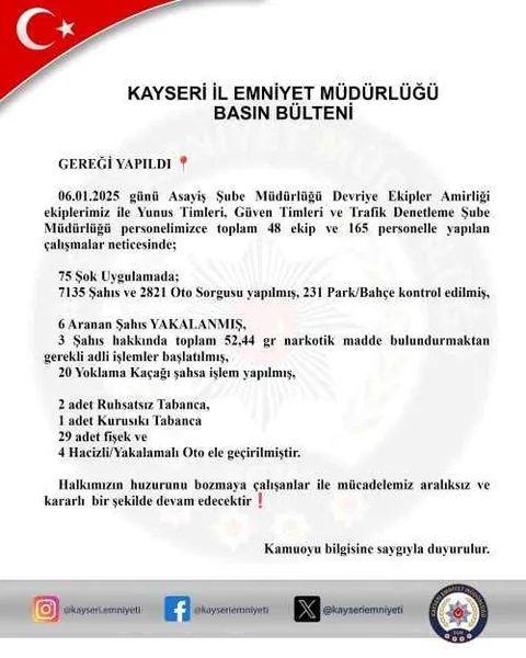KAYSERİ POLİSİNDEN ŞOK UYGULAMA: ARANAN 6 ŞAHIS YAKALANDI — haber görseli