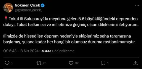 Vali Çiçek, “İlimizde de hissedilen deprem nedeniyle saha taraması başladı, olumsuzluk yok” — haber görseli