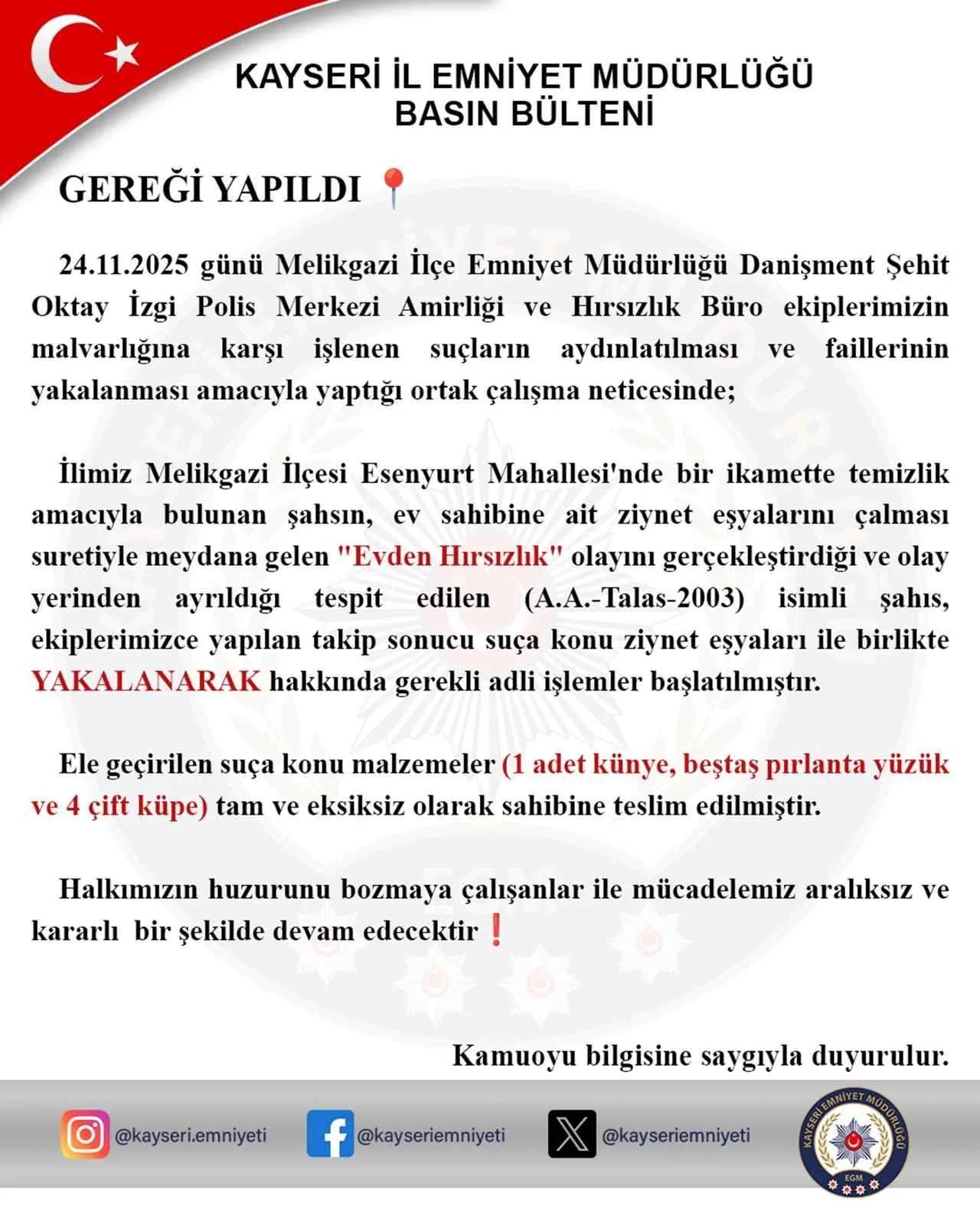 Kayseri’de Temizlik İçin Girdiği Evden Ziynet Eşyası Çalan Şüpheli Yakalandı — haber görseli