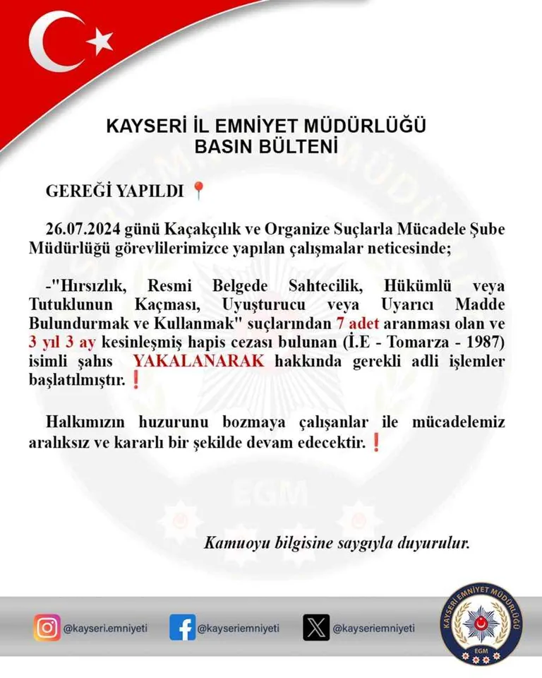7 Aranması Olan Firari ,Kayseri Emniyetinin Operasyonuyla Tutuklandı! — haber görseli