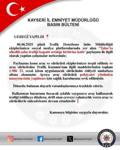 Talas'ta Alkollü Şahıs Trafiği Birbirine Kattı: Ehliyetine El Konuldu, Psikiyatriye Sevk Edildi — haber görseli