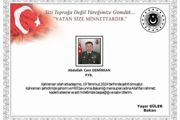 Pençe-Kilit Bölgesinde yaralanan Yarbay DEMİRKAN, tedavi gördüğü hastanede şehit oldu — haber görseli
