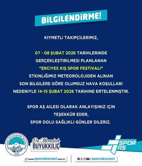 Erciyes Kış Spor Festivali Hava Şartlarına Takıldı: Yeni Tarih 14-15 Şubat — haber görseli
