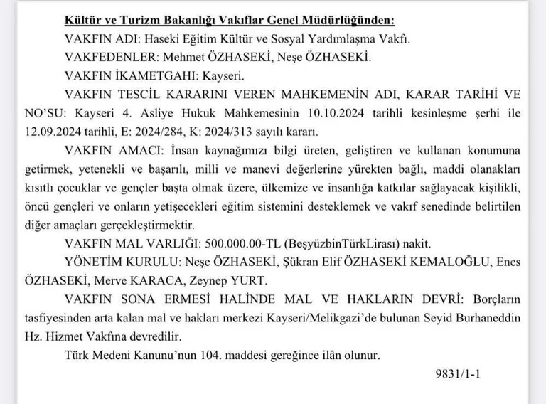 Haseki Eğitim Kültür ve Sosyal Yardımlaşma Vakfı kuruldu — haber görseli