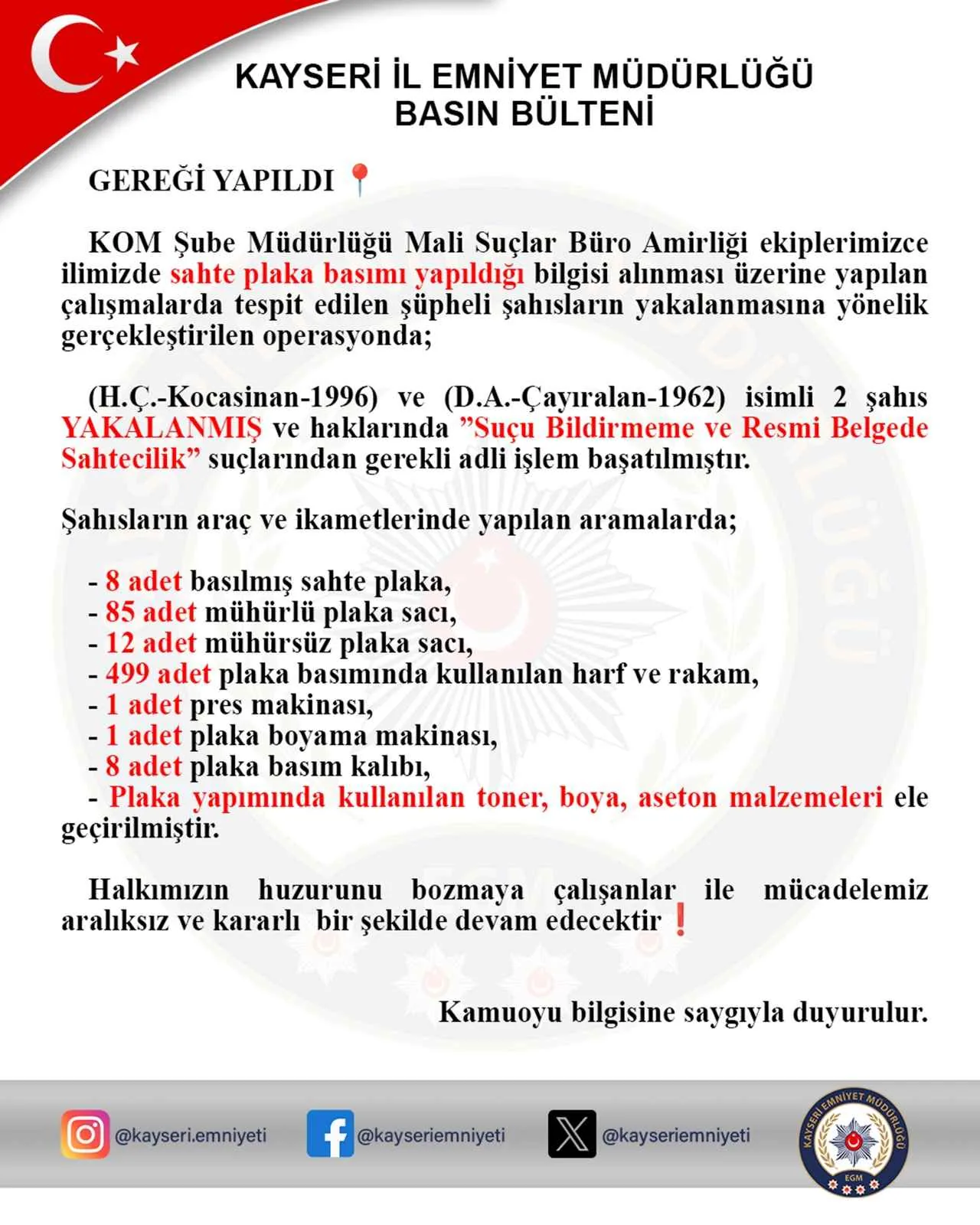Kayseri’de Sahte Plaka İmalathanesi Çökertildi! 2 Şüpheli Suçüstü Yakalandı — haber görseli