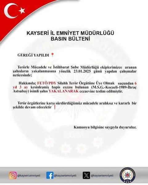 Sondakika: Kayseri'de FETÖ Üyesi İhraç Astsubay Yakalandı — haber görseli