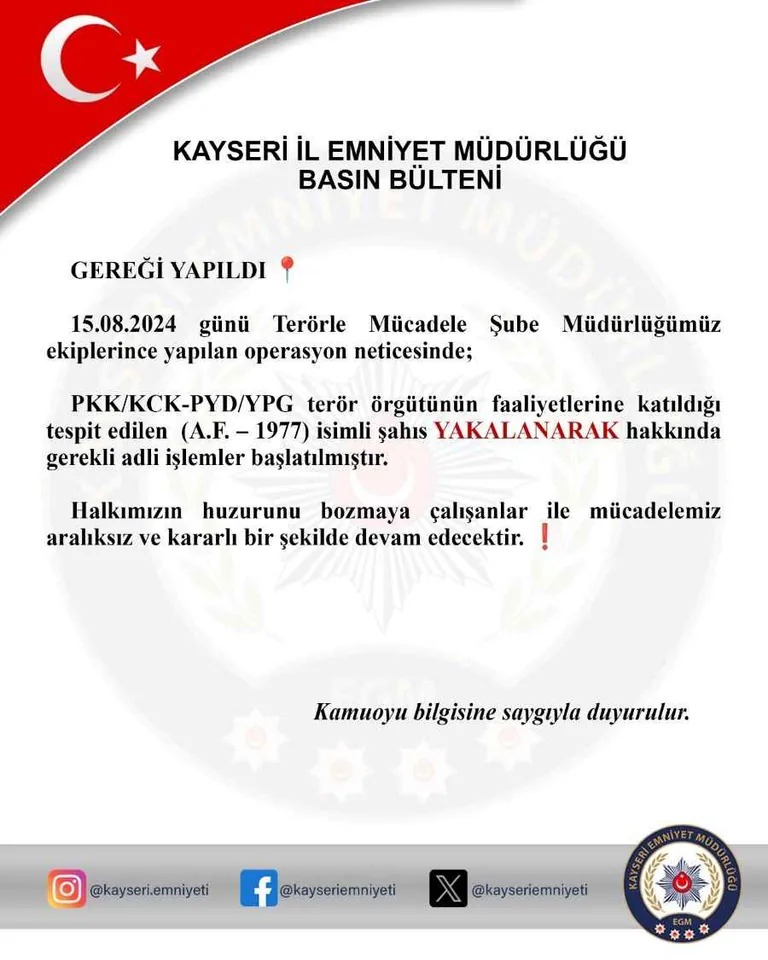 Kayseri’de Terör Örgütüne Darbe: PKK/KCK ve PYD/YPG Üyesi A.F. Yakalandı — haber görseli