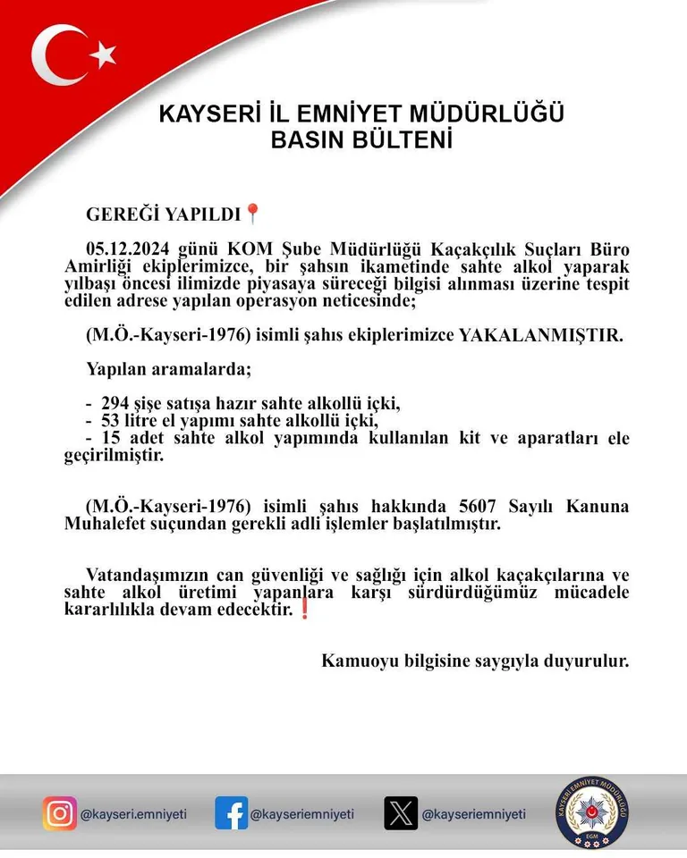 Ev Değil İmalathane! Kayseri’de Sahte Alkol Üreten Şahıs Yakalandı — haber görseli