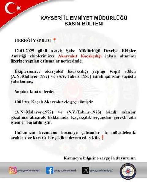 Kayseri’de Akaryakıt Kaçakçılığına Geçit Yok! 2 Şahıs Suçüstü Yakalandı — haber görseli