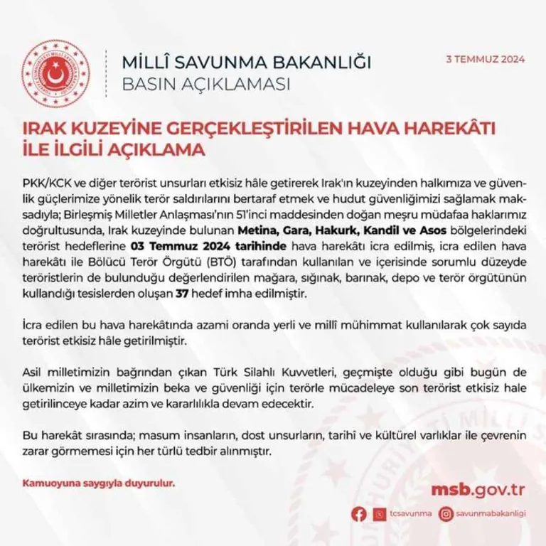 MSB'den Irak'ın kuzeyine düzenlenen harekata İlişkin açıklama! — haber görseli