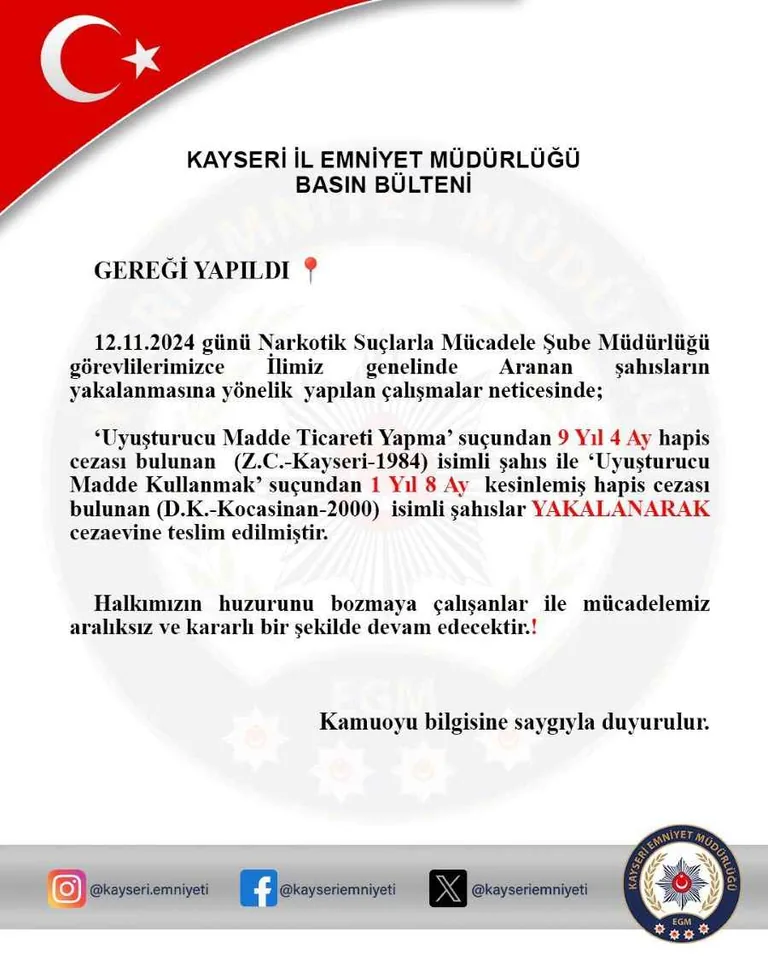 Kayseri’de Uyuşturucuya Geçit Yok! Aranan İki Şahıs Yakalandı — haber görseli