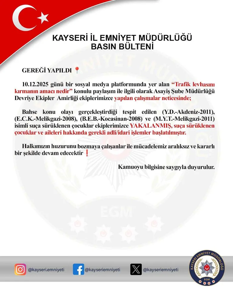 KAYSERİ’DE TRAFİK LEVHASINI KIRAN ÇOCUKLAR YAKALANDI — haber görseli