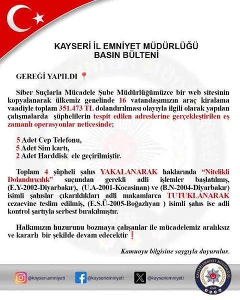 Siteyi Kopyaladılar, Parayı Götürdüler! Kayseri'de Dijital Dolandırıcılık:16 Şahıs Yakalandı — haber görseli