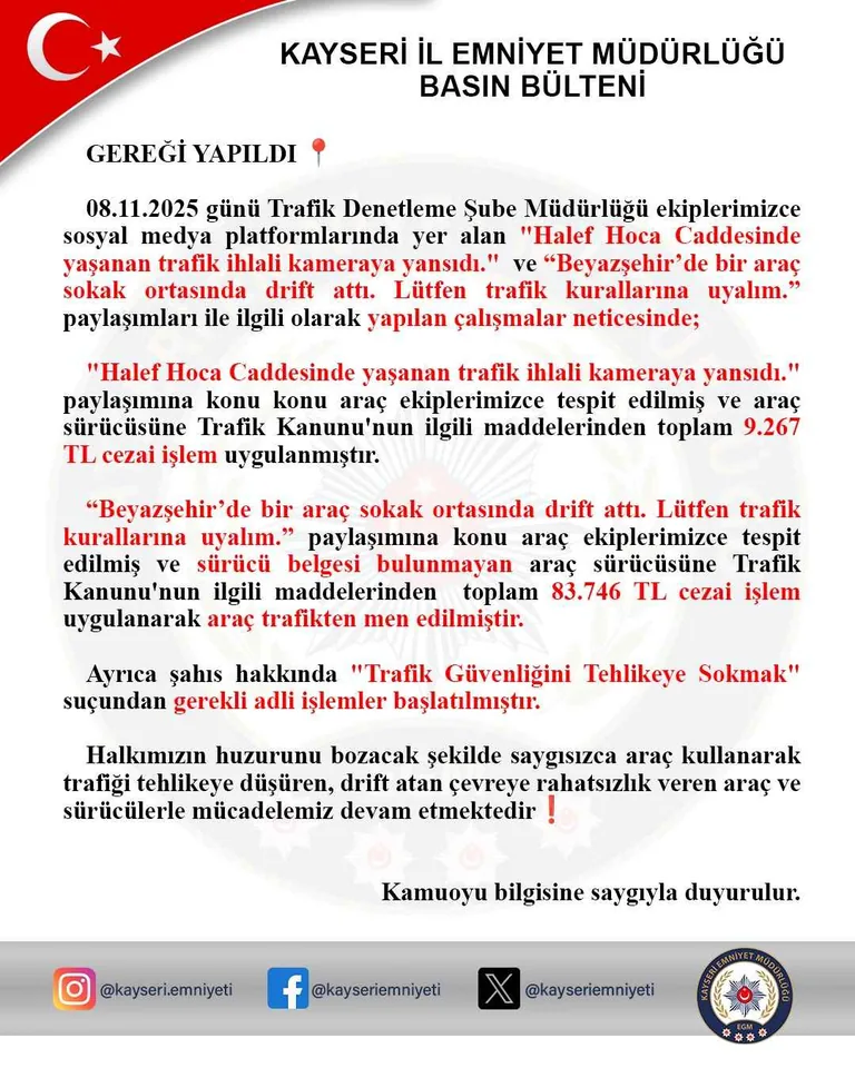 Kayseri'de Trafik Magandaları Yakayı Ele Verdi! Drift ve Kural İhlali Yapan Sürücülere Rekor Ceza — haber görseli