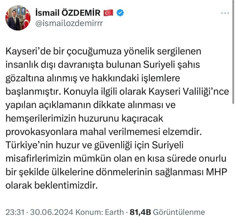 MHP'li Özdemir: Suriyeli Misafirlerimizin En Kısa Sürede Ülkelerine Dönmelerinin Sağlanması Beklentimizdir — haber görseli