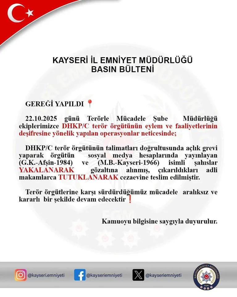 Kayseri'de DHKP-C Operasyonu: Açlık Greviyle Terör Propagandası Yapan 2 Zanlı Tutuklandı! — haber görseli