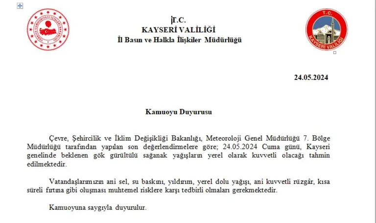 Kayseri Genelinde Gök Gürültülü Sağanak Yağış Etkili Olacak — haber görseli