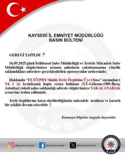 FETÖ/PDY Üyesi Firari İhraç Astsubay, Kayseri’de Saklandığı Adreste Yakalandı — haber görseli