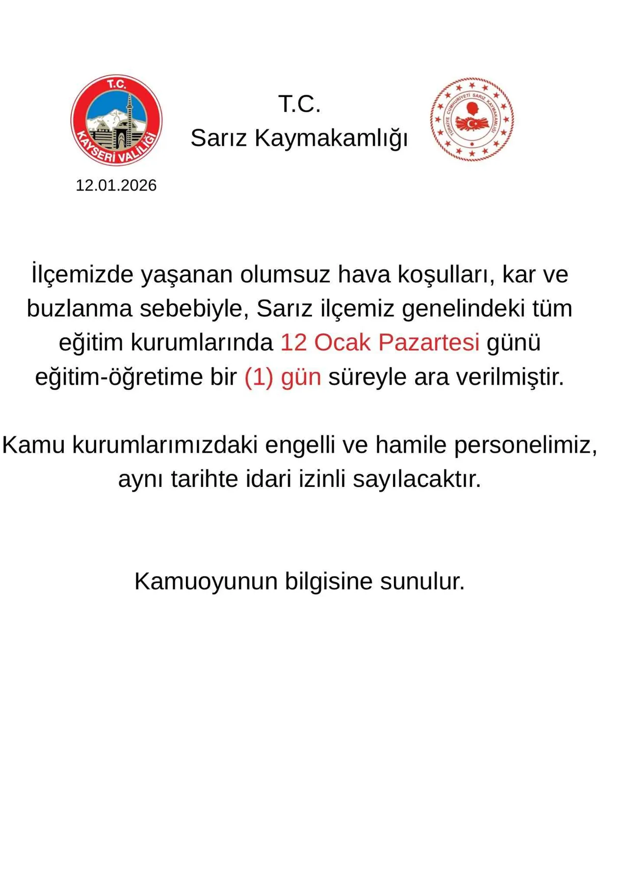 Kayseri’de Kar Tatili: Pınarbaşı ve Sarız’da Eğitime 1 Gün Ara — haber görseli