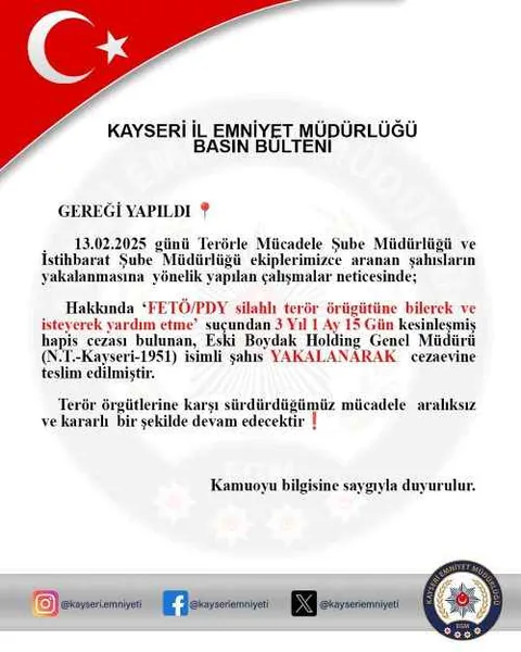 Kayseri’de FETÖ Operasyonu! Eski Boydak Holding Genel Müdürü N.T. Yakalandı! — haber görseli