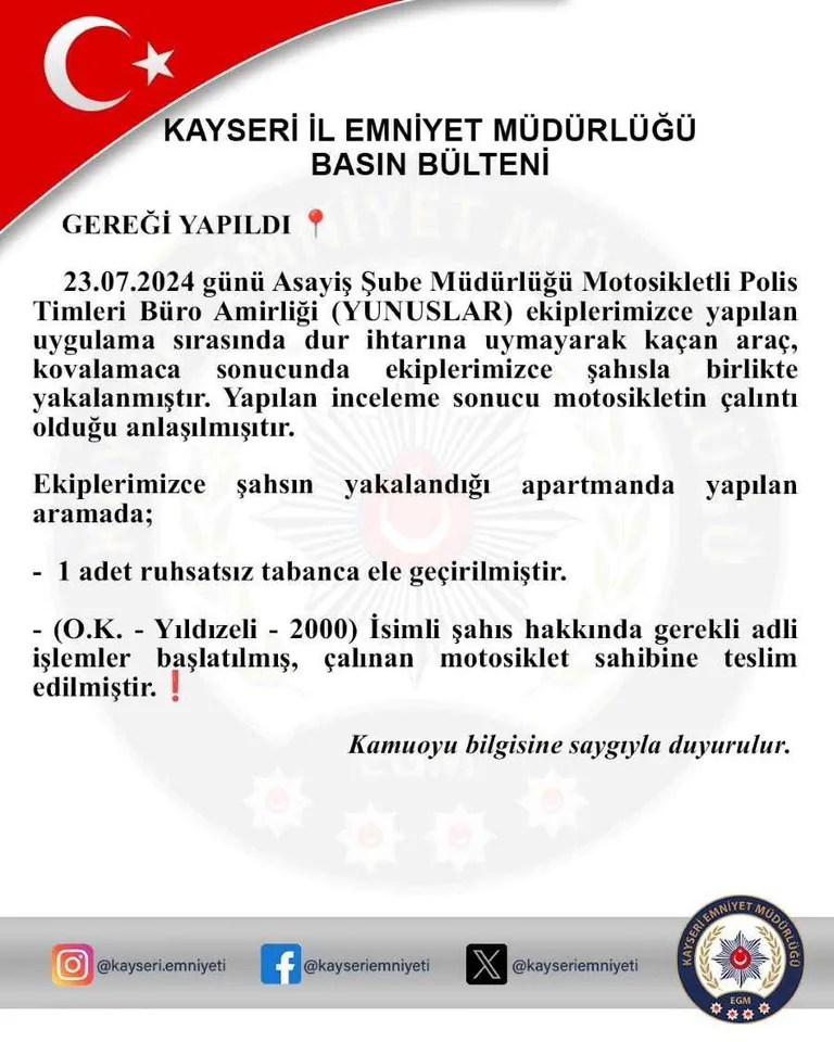 Dur İhtarına Uymadı, Kovalamaca Sonrası Yakalandı! Çalıntı Motosiklet ve Tabanca Ele Geçirildi — haber görseli