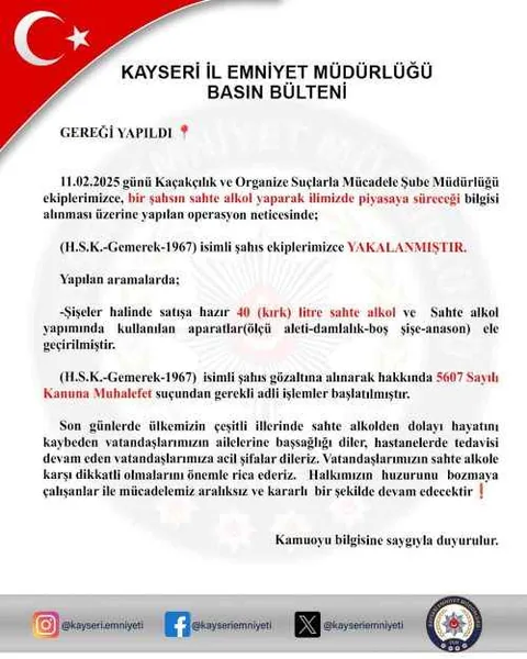 Kayseri'de Sahte Alkol Üreten Şahıs, Piyasaya Süremeden Enselendi — haber görseli