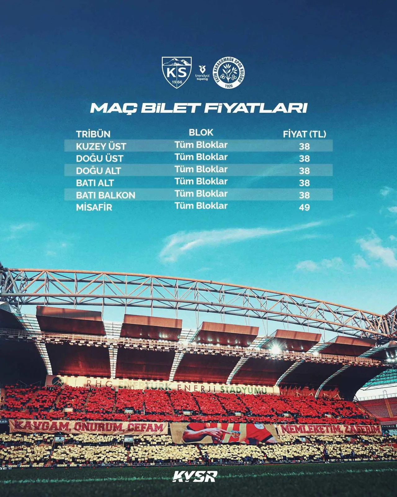 Kayserispor – Fatih Karagümrük Maçının Bilet Fiyatları Açıklandı — haber görseli