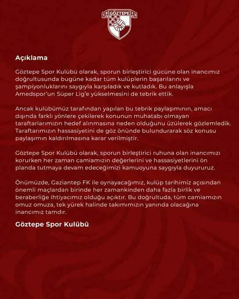 Taraftar Tepki Gözterdi! Göztepe, Amedspor tebrik paylaşımını geri çekti — haber görseli