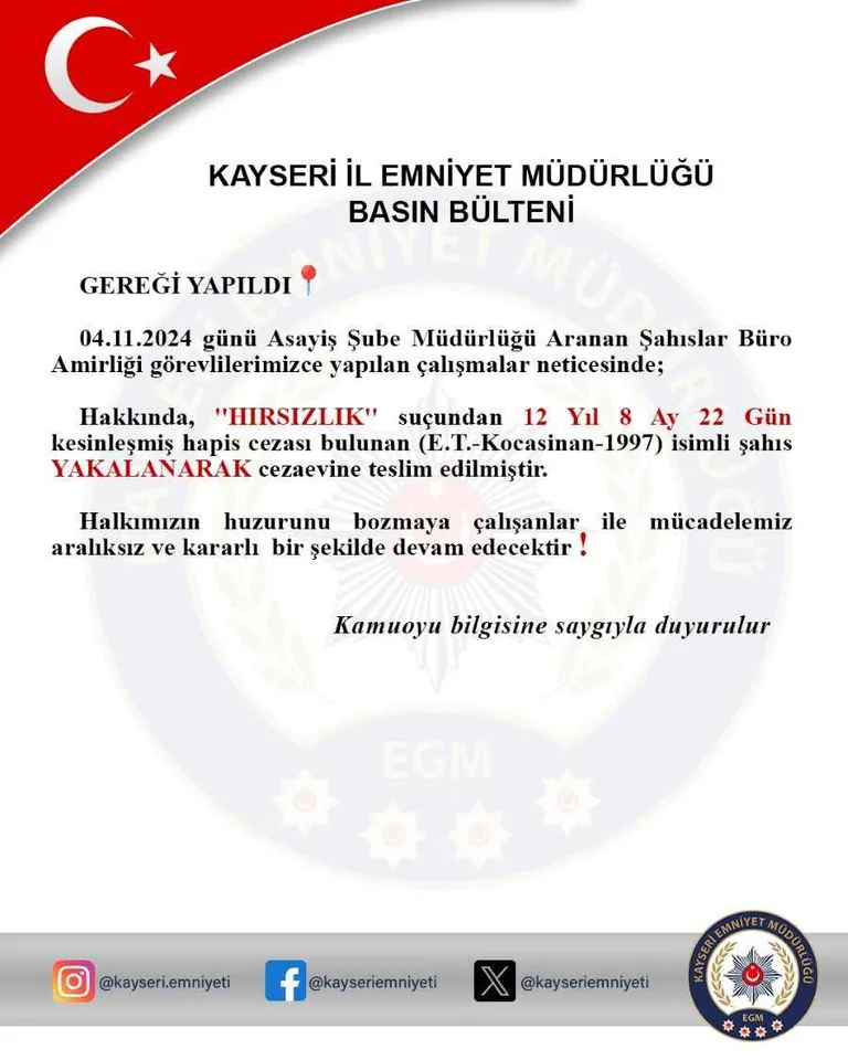 Kayseri’de Hırsızlıktan 12 Yıl Hükümlü Firari Yakalandı! — haber görseli