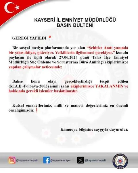 Kayseri'de Şehitler Anıtı Yanında Uygunsuz Hareket! Şüpheli Yakalandı — haber görseli