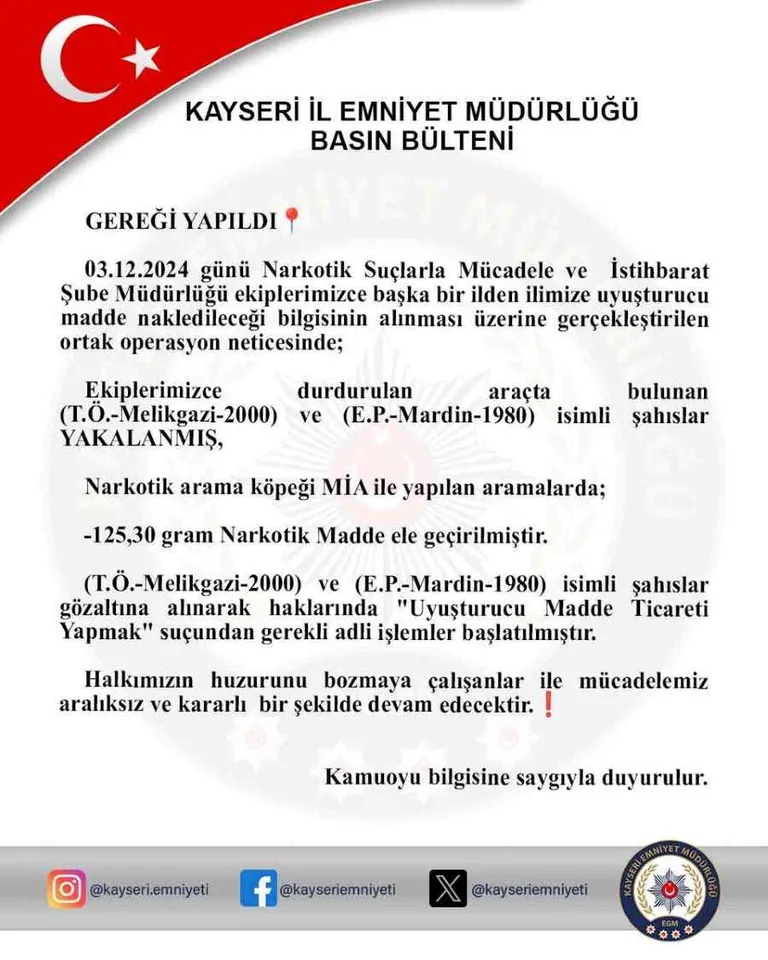 Kayseri’ye Uyuşturucu Getirmek İsteyen Zehir Tacirlerine Film Gibi Operasyon! — haber görseli