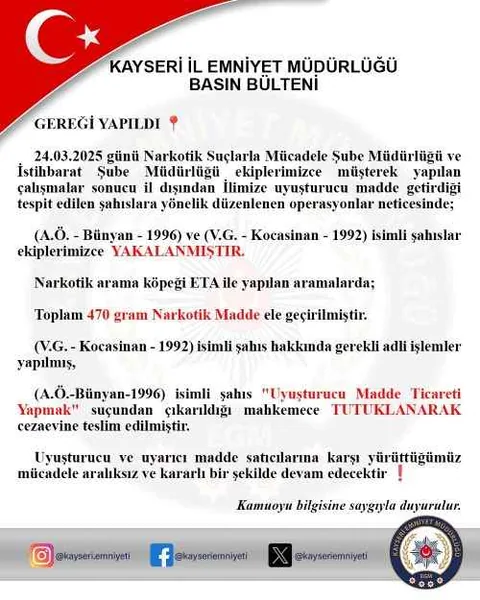 Uyuşturucuya geçit yok! Kayseri'ye İl Dışından Uyuşturucu Getiren 2 Torbacı Enselendi — haber görseli