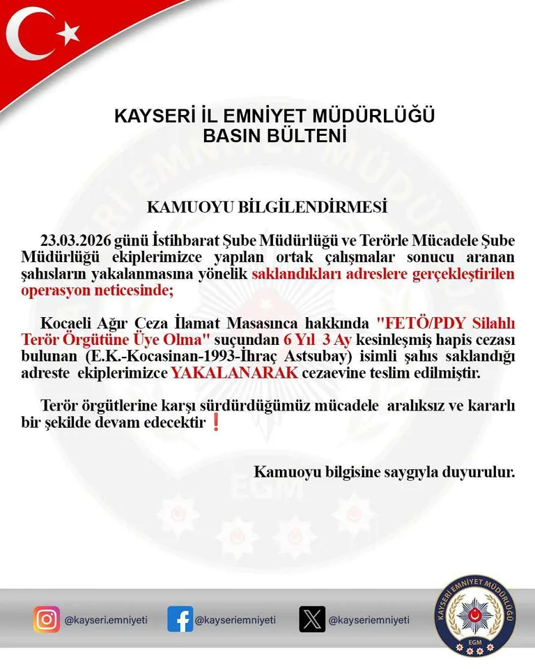 Kayseri’de FETÖ Hükümlüsü İhraç Astsubay Yakalandı — haber görseli