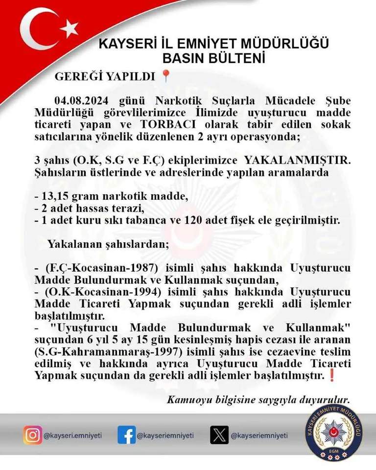 Kayseri'de Torbacılara Büyük Darbe: Aranan 3 Kişi Operasyonla Yakalandı! — haber görseli