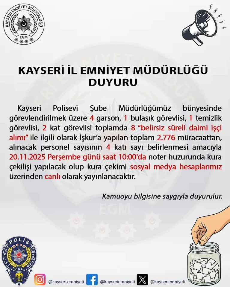 Kayseri Polis Evi İşçi Alımı Kura Duyurusu: 20 Kasım’da Canlı Yayınlanacak — haber görseli