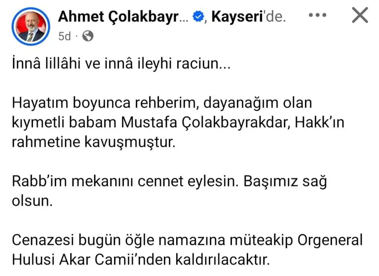 Başkan Ahmet Çolakbayrakdar’ın babası Mustafa Çolakbayrakdar, hayatını kaybetti — haber görseli